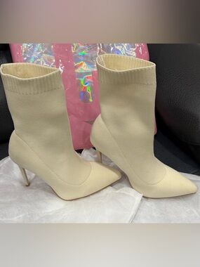 Cream Knit Pointed-Toe Sock Booties with Stiletto Heel